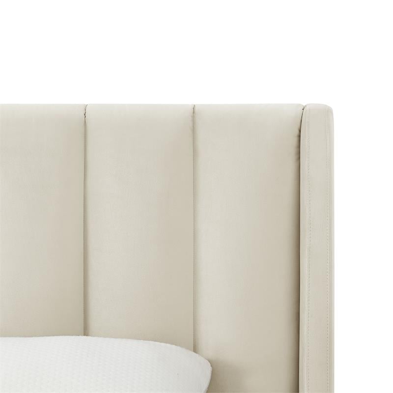Aubreigh Bed Beige Velvet Queen Upholstered Channel Tufted