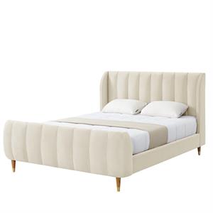 Aubreigh Bed Beige Velvet Queen Upholstered Channel Tufted