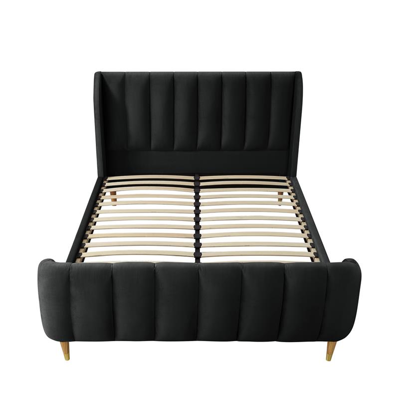 Aubreigh Bed Black Velvet Queen Upholstered Channel Tufted