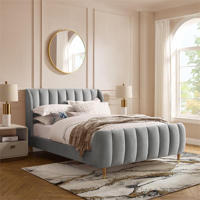 Aubreigh Bed Grey Velvet King Upholstered Channel Tufted