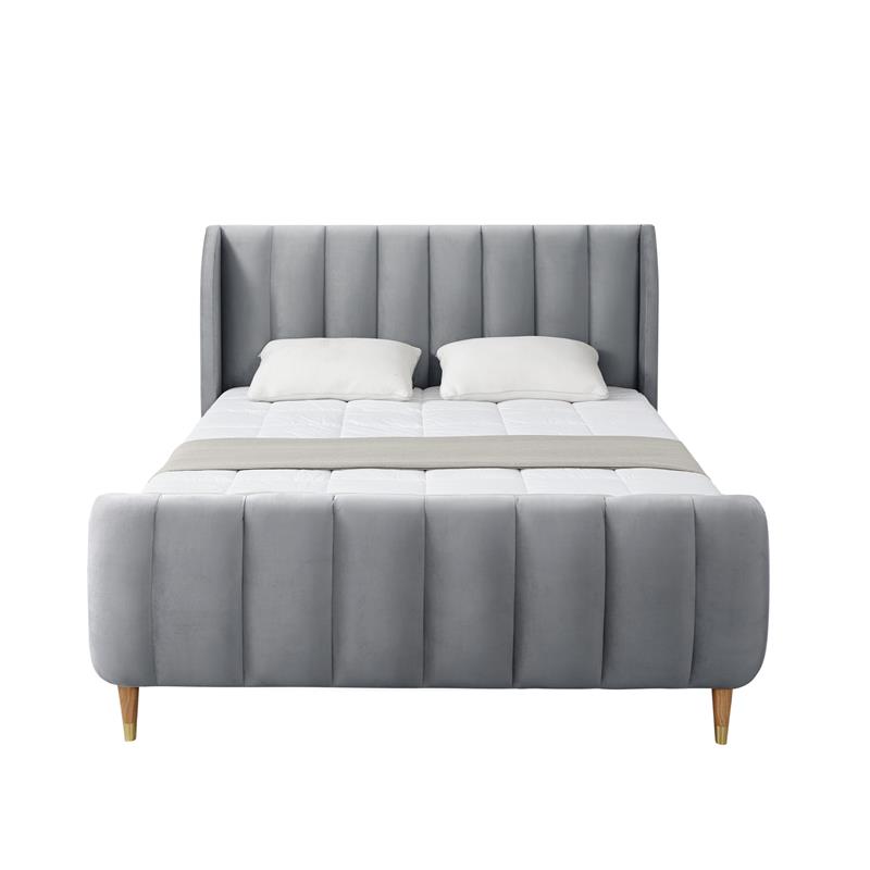 Aubreigh Bed Grey Velvet King Upholstered Channel Tufted