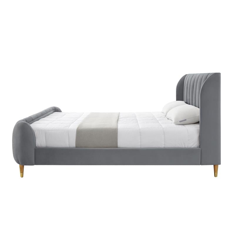 Aubreigh Bed Grey Velvet King Upholstered Channel Tufted
