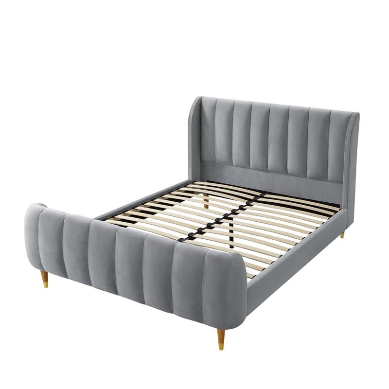 Aubreigh Bed Grey Velvet King Upholstered Channel Tufted