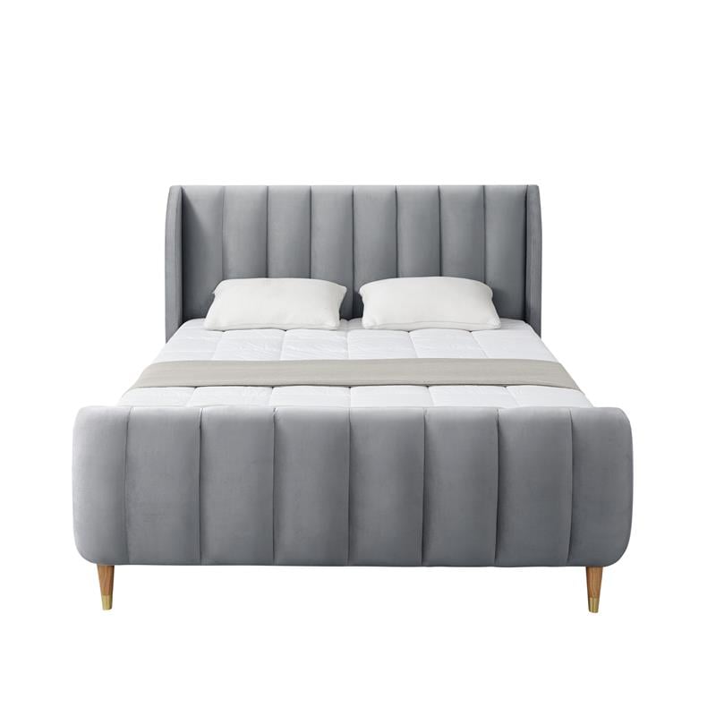 Aubreigh Bed Grey Velvet Queen Upholstered Channel Tufted