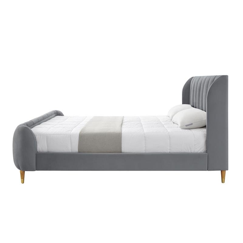 Aubreigh Bed Grey Velvet Queen Upholstered Channel Tufted