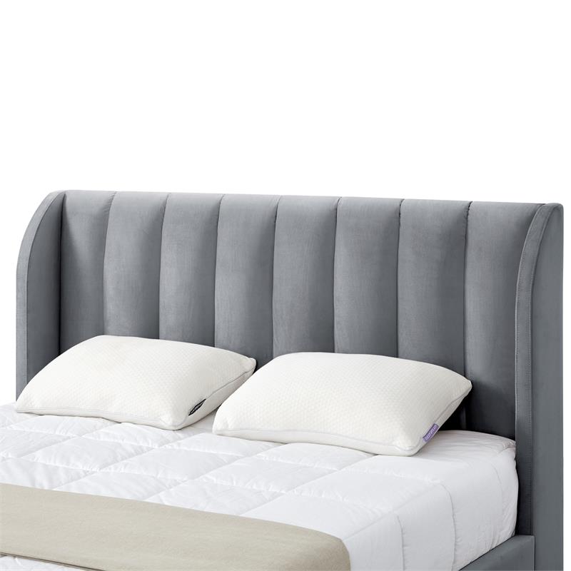 Aubreigh Bed Grey Velvet Queen Upholstered Channel Tufted