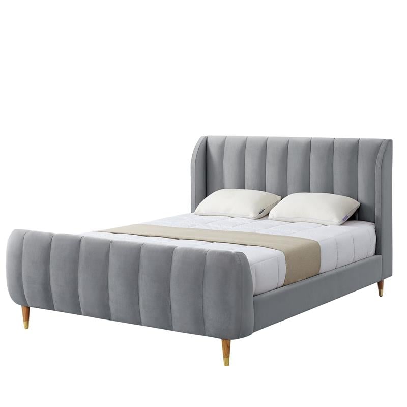 Aubreigh Bed Grey Velvet Queen Upholstered Channel Tufted