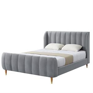 Aubreigh Bed Grey Velvet Queen Upholstered Channel Tufted