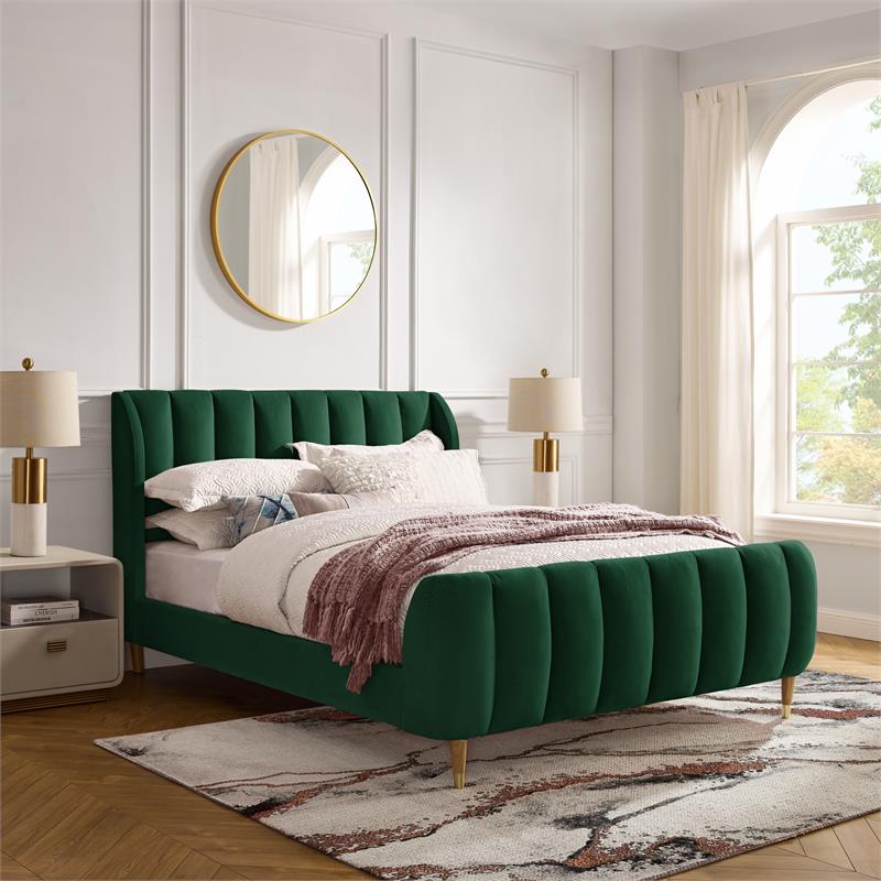 Aubreigh Bed Hunter Green Velvet Queen Upholstered Channel Tufted