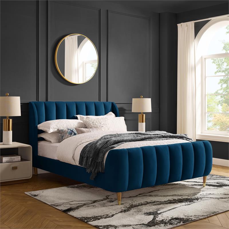 Aubreigh Bed Navy Velvet Queen Upholstered Channel Tufted