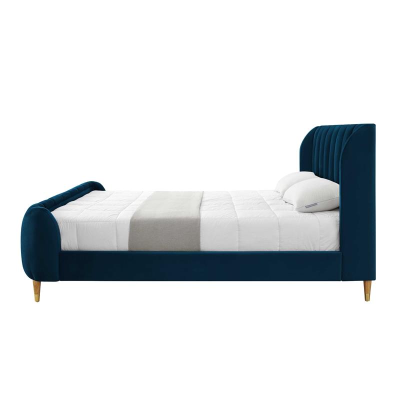 Aubreigh Bed Navy Velvet Queen Upholstered Channel Tufted