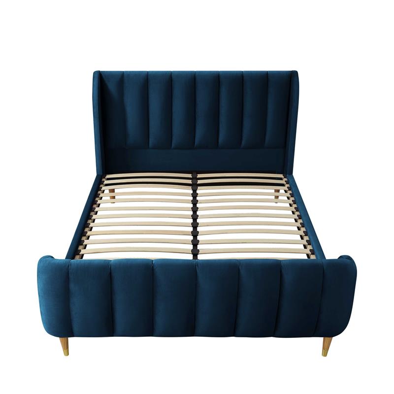 Aubreigh Bed Navy Velvet Queen Upholstered Channel Tufted