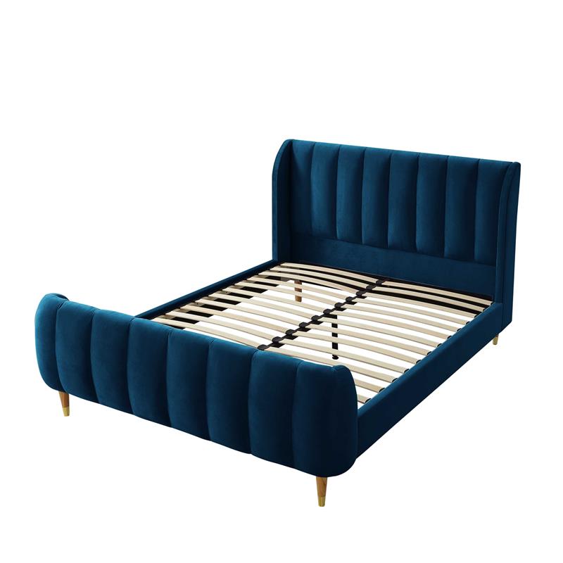 Aubreigh Bed Navy Velvet Queen Upholstered Channel Tufted