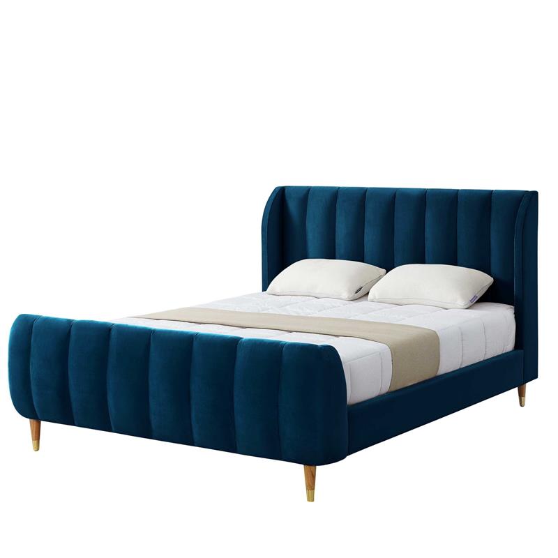 Aubreigh Bed Navy Velvet Queen Upholstered Channel Tufted