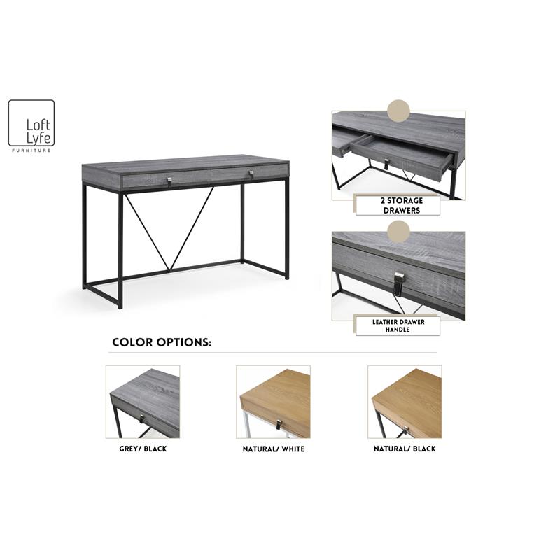 Emelyn Wooden Desk Grey/Black 47.2L x 19.7W x 30H 2 Storage Leather Drawer