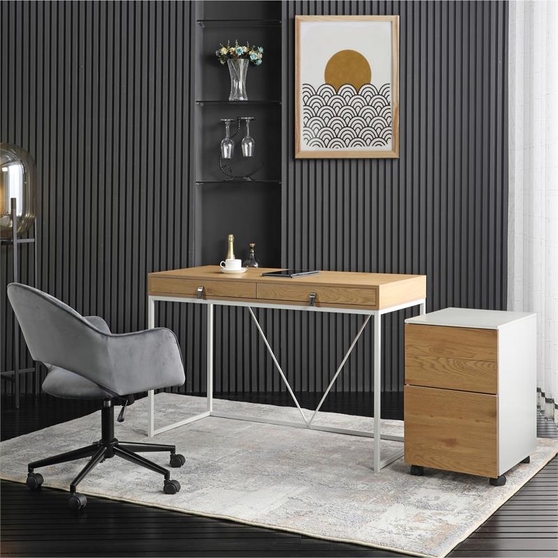 Emelyn Wooden Desk Natural/White 47.2L x 19.7W x 30H 2 Storage Leather Drawer