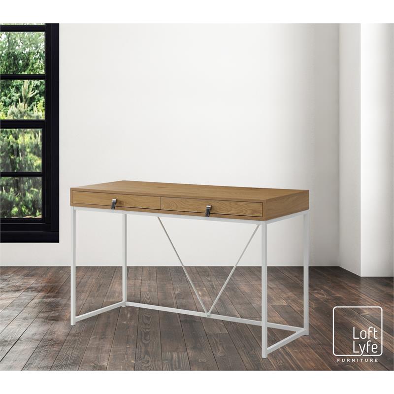 Emelyn Wooden Desk Natural/White 47.2L x 19.7W x 30H 2 Storage Leather Drawer