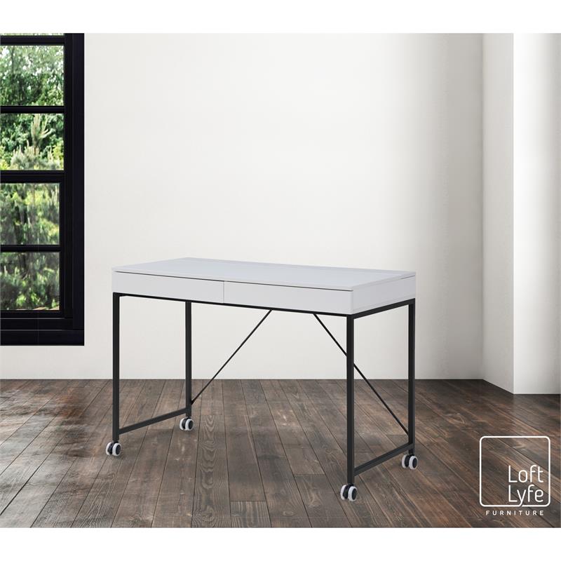 Marcelino Wooden Desk White/Black 43.3L x 21.6W x 30H 2 Storage Drawers