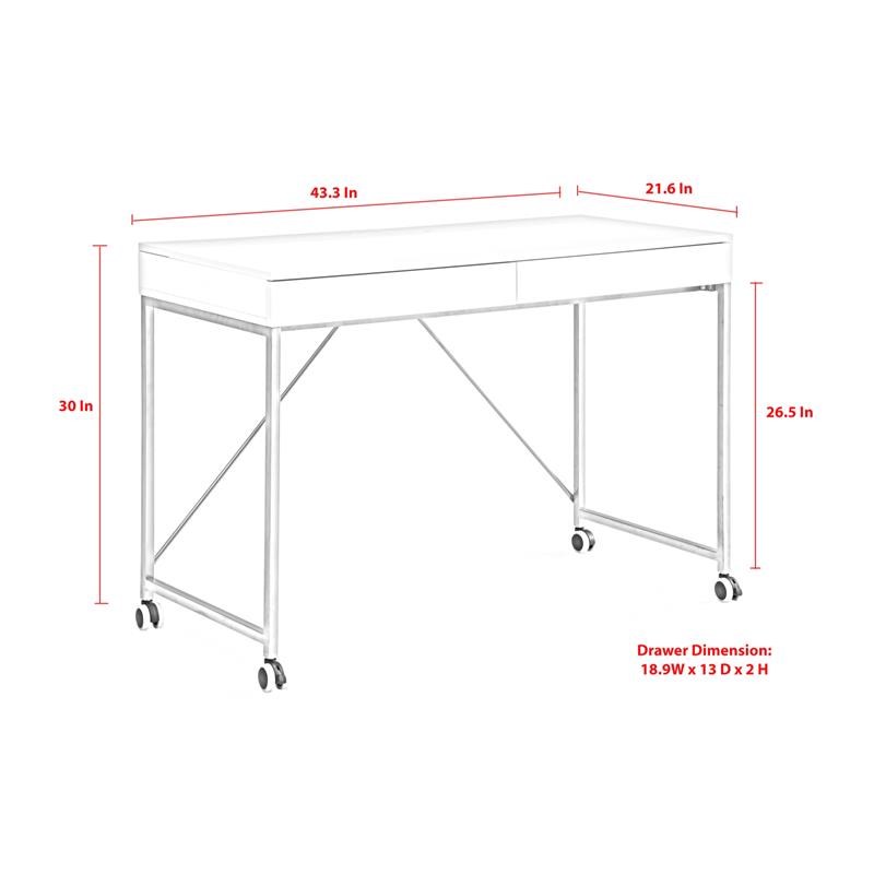 Marcelino Wooden Desk White/Silver 43.3L x 21.6W x 30H 2 Storage Drawers