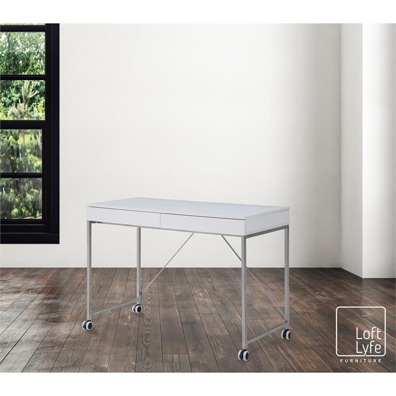 Marcelino Wooden Desk White/Silver 43.3L x 21.6W x 30H 2 Storage Drawers