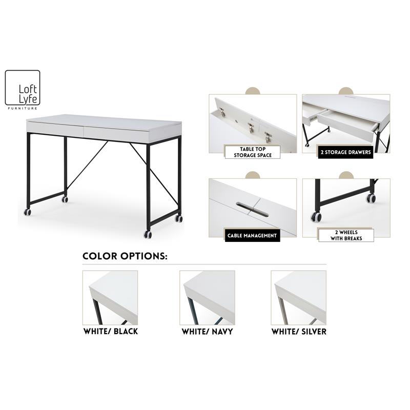 Marcelino Wooden Desk White/Silver 43.3L x 21.6W x 30H 2 Storage Drawers