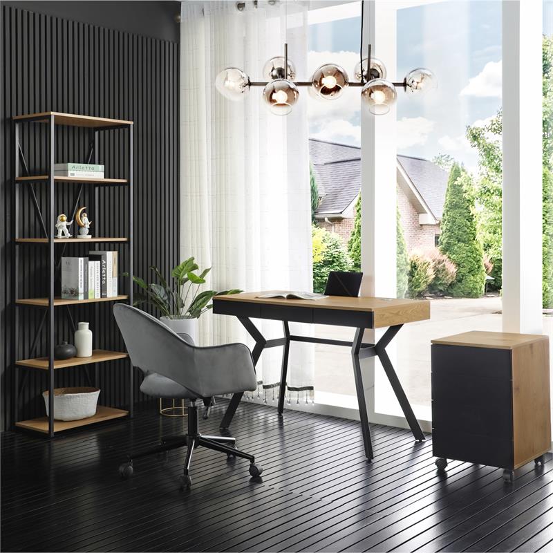 Aleeah Wooden Desk Natural/Black 43.3L x 21.6W x 30H 3 Storage Drawers