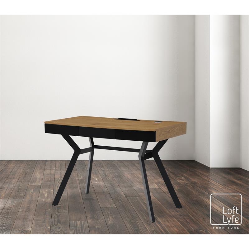Aleeah Wooden Desk Natural/Black 43.3L x 21.6W x 30H 3 Storage Drawers