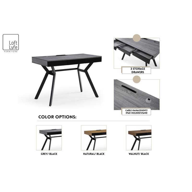 Aleeah Wooden Desk Natural/Black 43.3L x 21.6W x 30H 3 Storage Drawers