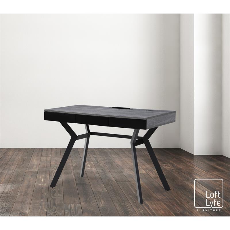 Aleeah Wooden Desk Grey/Black 43.3L x 21.6W x 30H 3 Storage Drawers
