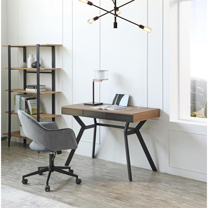 Aleeah Wooden Desk Walnut/Black 43.3L x 21.6W x 30H 3 Storage Drawers