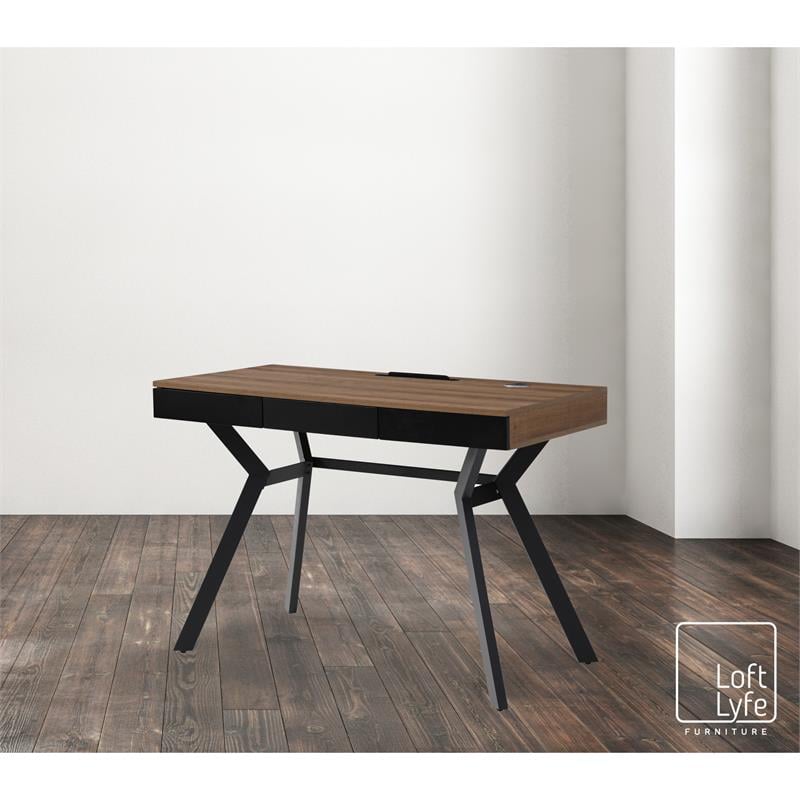 Aleeah Wooden Desk Walnut/Black 43.3L x 21.6W x 30H 3 Storage Drawers
