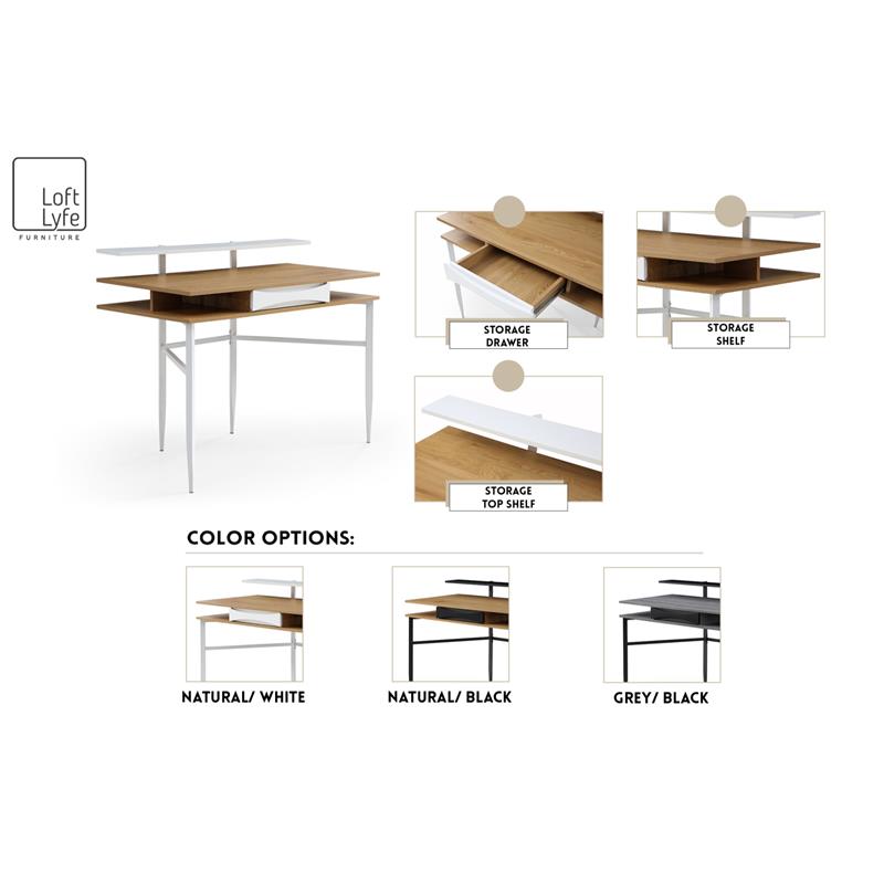 Layna Wooden Desk Gray/Black  43.3L x 22.8W x 34.8H 1 Storage Drawer Side