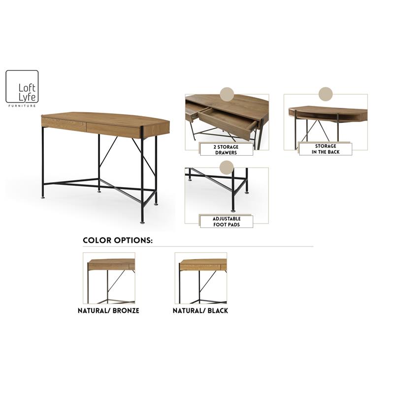 Kyran Wooden Desk Natural/Black 44.8L x 22.1W x 30H 2 Storage Drawers