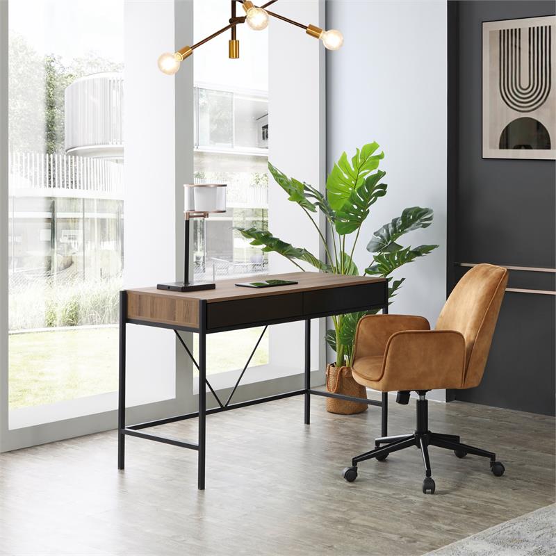 Yolanda Wooden Desk Walnut/Black  43.3L x 21.7W x 30H 2 Storage Drawers