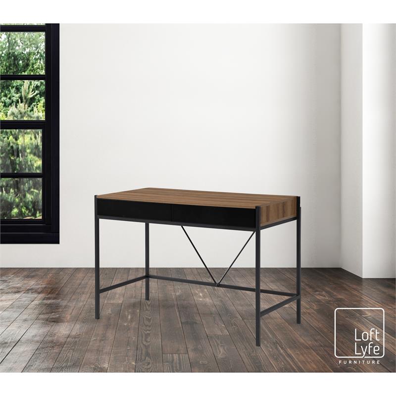 Yolanda Wooden Desk Walnut/Black  43.3L x 21.7W x 30H 2 Storage Drawers