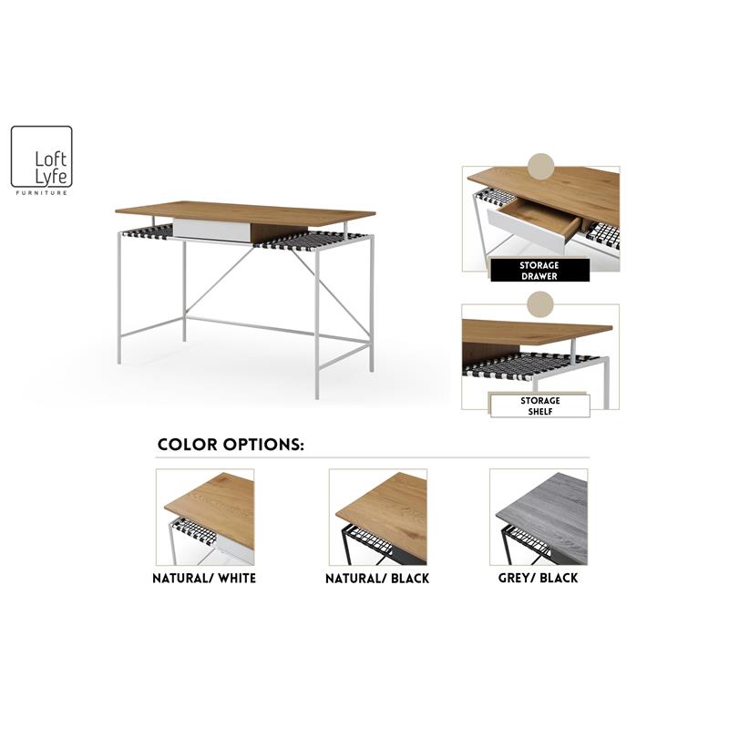 Jaslynn Wooden Desk Natural/White 43.3L x 21.6W x 30H 1 Storage Drawer