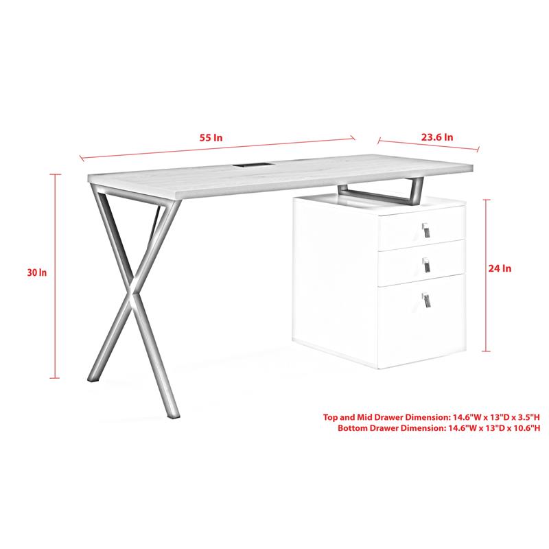 Dev Wooden Desk Natural 55L x 23.6W x 30H 3 Storage Drawers Leather Handles