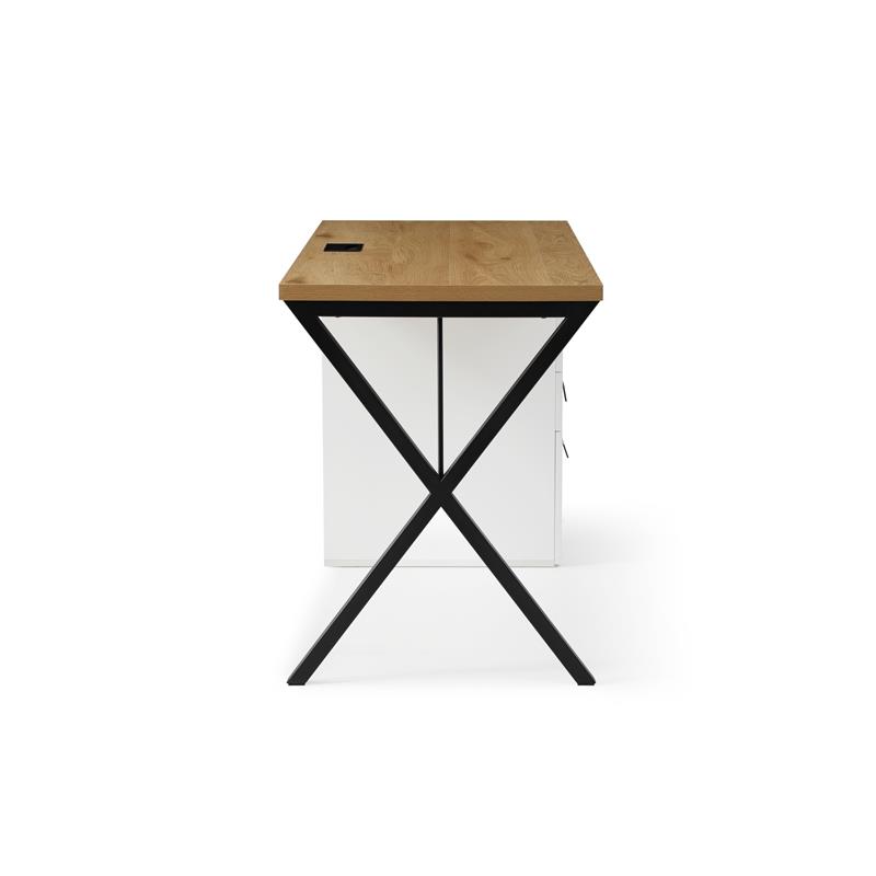 Dev Wooden Desk Natural 55L x 23.6W x 30H 3 Storage Drawers Leather Handles