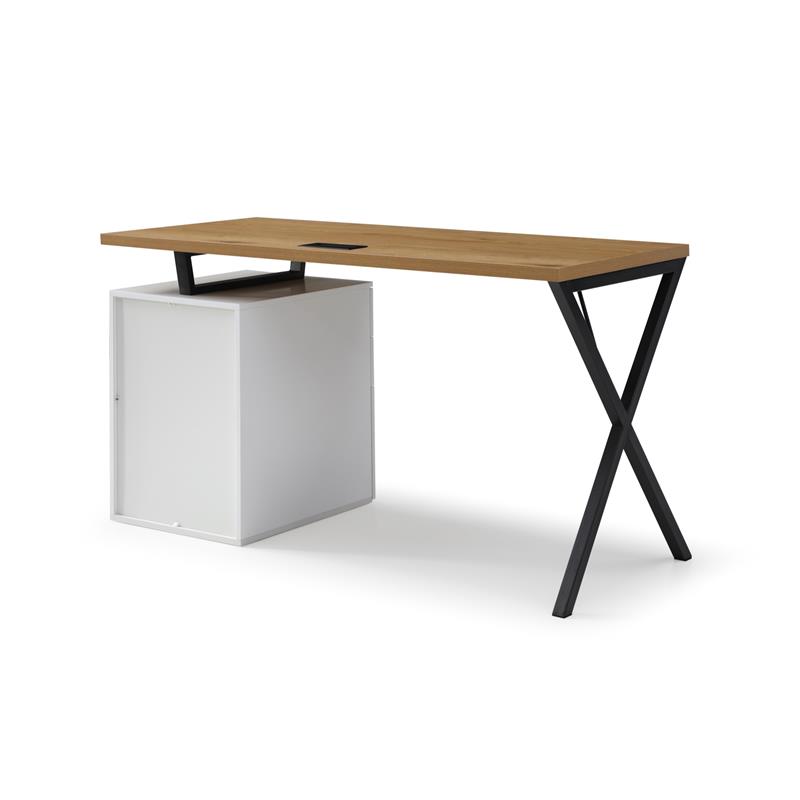 Dev Wooden Desk Natural 55L x 23.6W x 30H 3 Storage Drawers Leather Handles