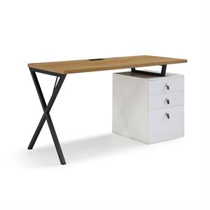 Dev Wooden Desk Natural 55L x 23.6W x 30H 3 Storage Drawers Leather Handles