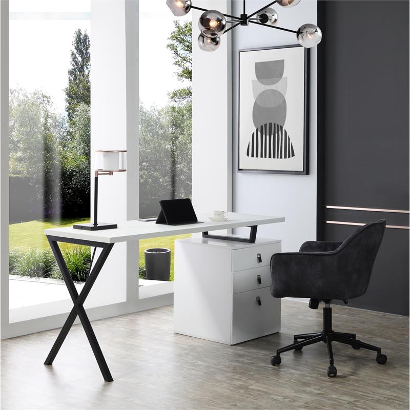 Dev Wooden Desk White  55L x 23.6W x 30H 3 Storage Drawers Leather Handles