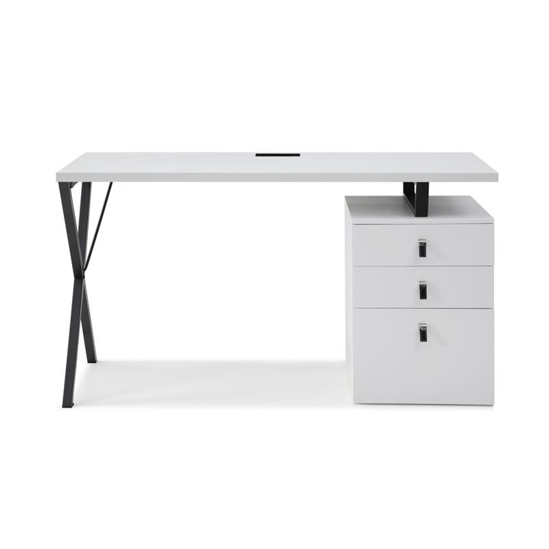 Dev Wooden Desk White  55L x 23.6W x 30H 3 Storage Drawers Leather Handles