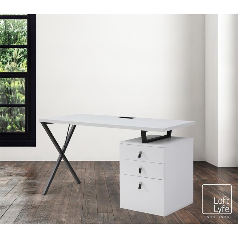 Dev Wooden Desk White  55L x 23.6W x 30H 3 Storage Drawers Leather Handles