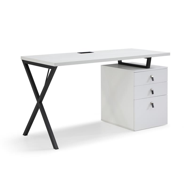 Dev Wooden Desk White  55L x 23.6W x 30H 3 Storage Drawers Leather Handles