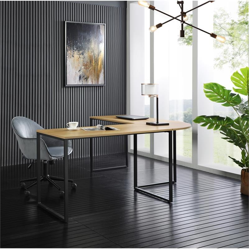 Jacelyn Desk Natural/Black  71L x 63W x 30H L-Shaped Curved Corner