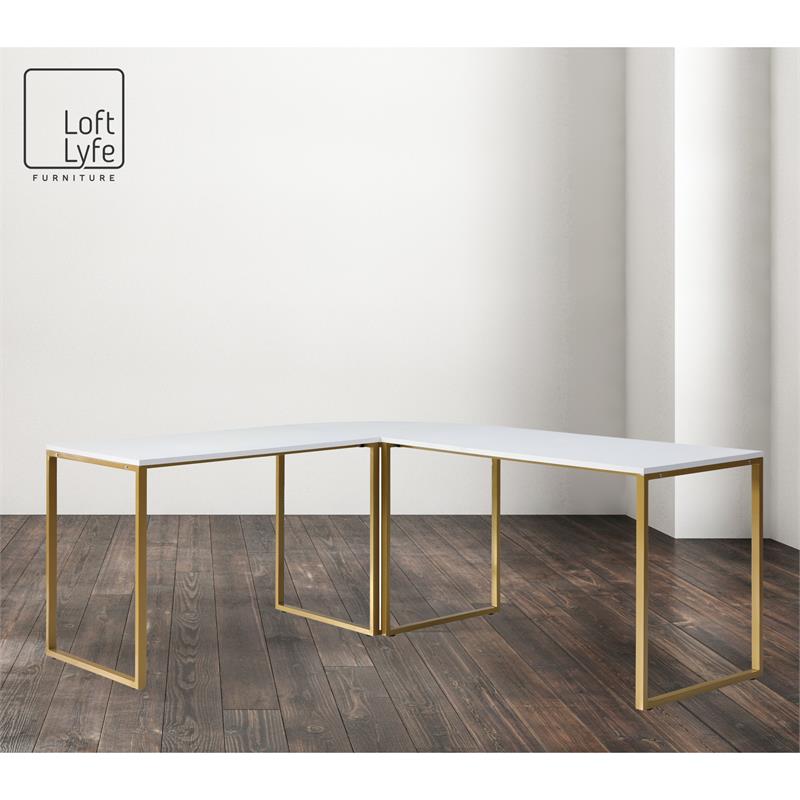 Jacelyn Desk White/Gold  71L x 63W x 30H L-Shaped Curved Corner