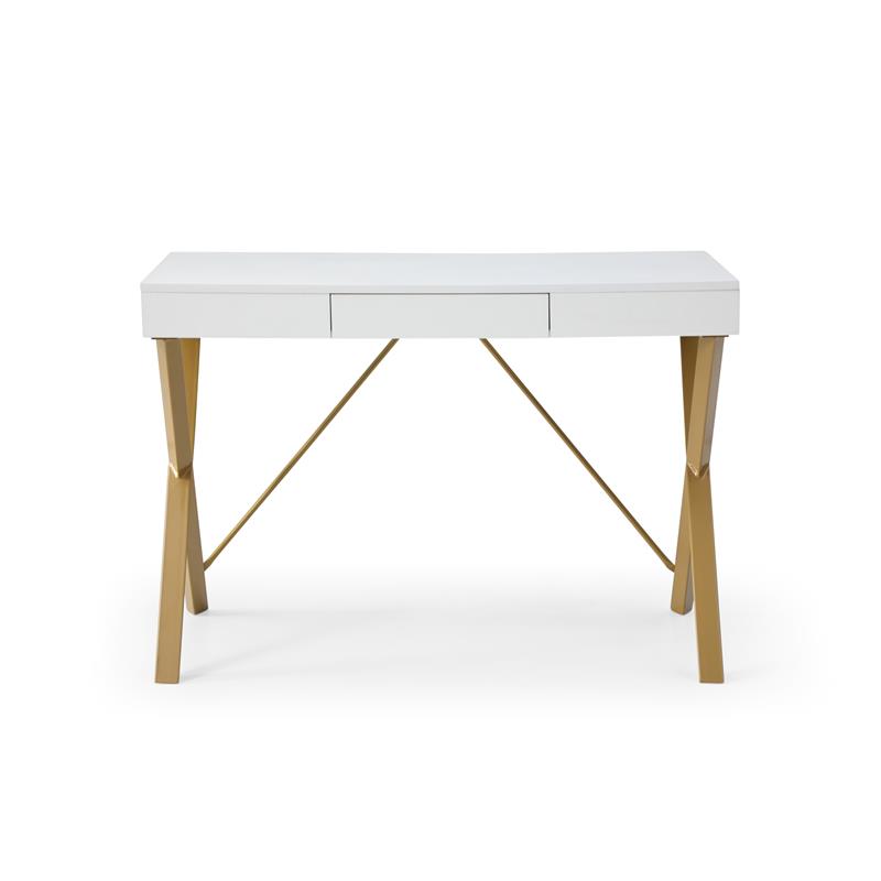 Mona Wooden Desk White/Gold  43.3L x 21.7W x 30H 1 Storage Drawer X-Leg Design