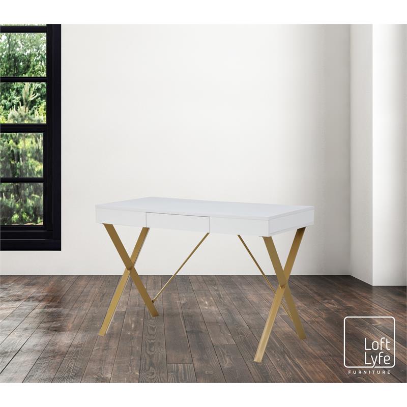Mona Wooden Desk White/Gold  43.3L x 21.7W x 30H 1 Storage Drawer X-Leg Design