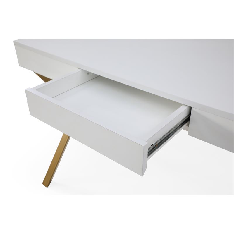 Mona Wooden Desk White/Gold  43.3L x 21.7W x 30H 1 Storage Drawer X-Leg Design