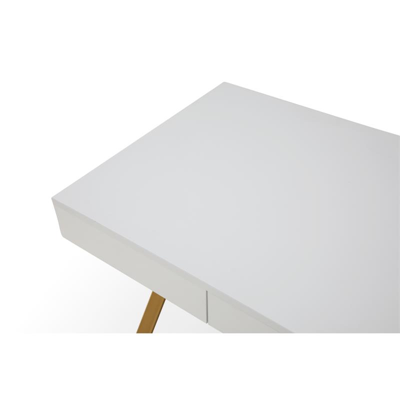 Mona Wooden Desk White/Gold  43.3L x 21.7W x 30H 1 Storage Drawer X-Leg Design